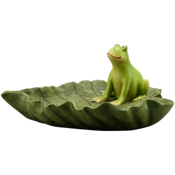 Frosch Figur sitzend und schauend in Blattschale