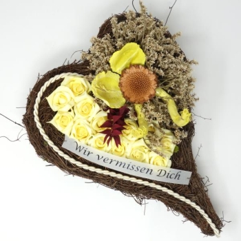 Herzgesteck Wir vermissen Dich, Foam Rosen und Trockenfloristik