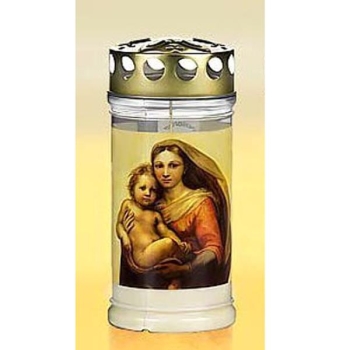 Outdoor Kerze Madonna, Motivkerze Golddeckel.