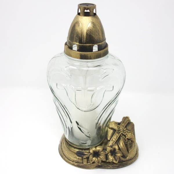 Glas Grablampe mit Kreuz Ornamenten. 28 cm.