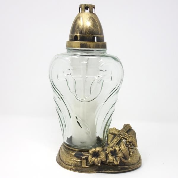 Glas Grablampe mit Kreuz Ornamenten. 28 cm.