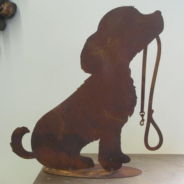 Hunde Figur sitzend mit Leine, Metall, 60 cm
