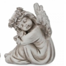 Trauer Engel sitzend und schlummernd mit Blumenkranz